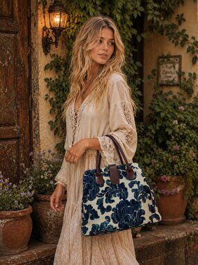 Blue Floral Brocade Purse Vintage Style Luxury